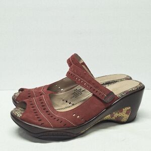 Jambu Shoes Size 10 Burgundy Touring Leather Peep Toe Wedge Mary Jane Sandals